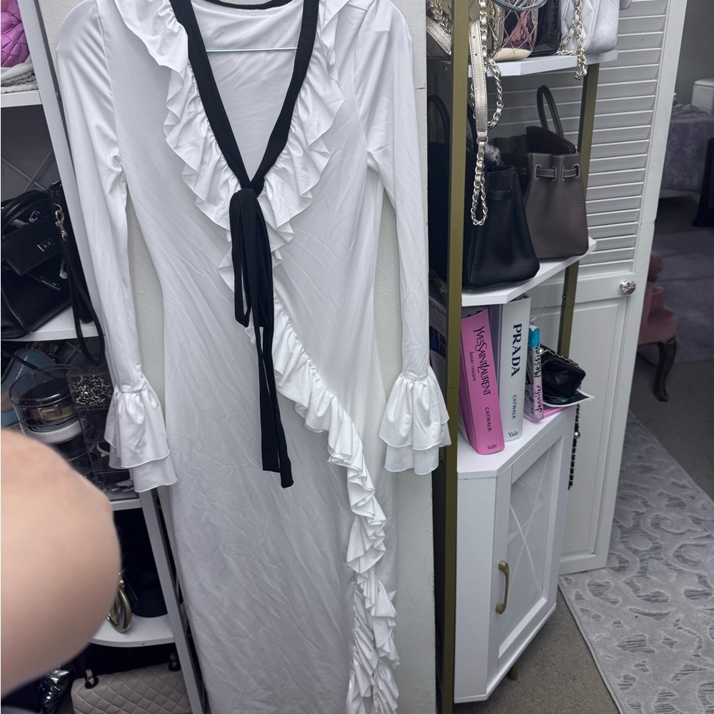 White Asymmetrical Ruffled Gown with Tie Front